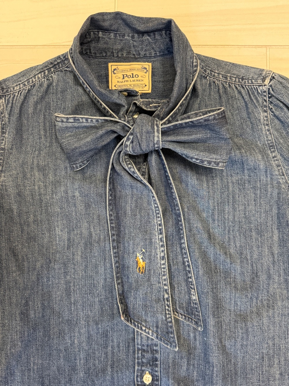 Polo Ralph Lauren Necktie Denim Shirt Bow Blouse Sz 0 - Picture 6 of 12